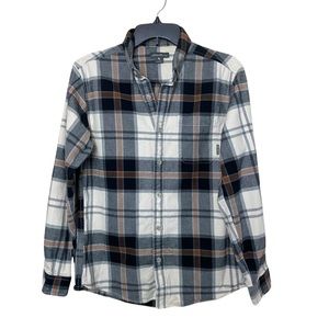 Eddie Bauer Ivory & Black Plaid Flannel Button Down Unisex Shirt Size Small
